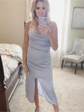 Vici Silver Cowl Neck Midi Slip Dress with Front Slit